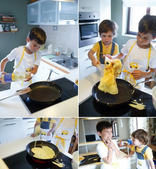 Due fratellini, il giallo e le crepes. Divertirsi in cucina.